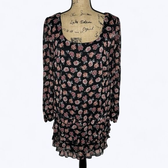 Trixxi Floral Mini Dress XL Black Ruffle Long Sleeve Fairy Grunge Dark Romantic - Picture 1 of 16